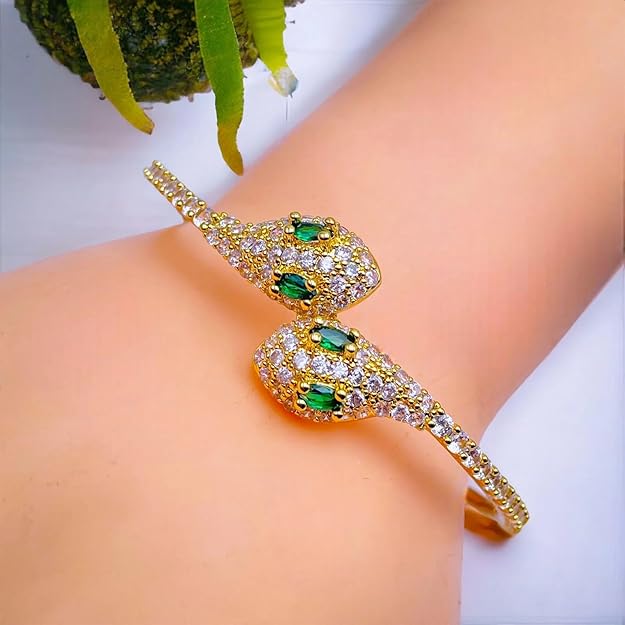 Green Emerald Snake 18K Gold Cubic Zirconia Cuff Kada Bangle