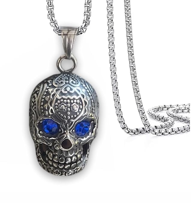 Pendant Necklace With Blue Eye Cubic Zirconia Hip Hop Necklace | Punk Skull Gothic Jewellery Gift, Stainless Steel chain 22"