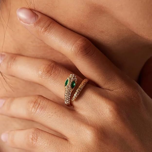 Fashion Jewelry Adjustable Green Eye Snake Head Shape Zircon Pave 18K Gold Plate Stainless Steel Gold Snake Ring for Women