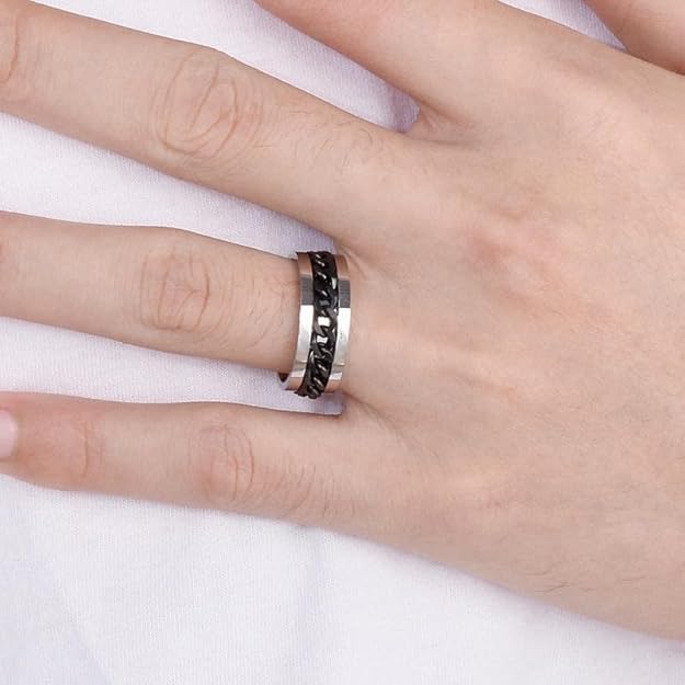 Fidget Ring for Men Anxiety Rings: 8mm Stainless Steel Spinner Ring, Stress Relief Spinning Ring in Black for Men & Boy Size 5-11