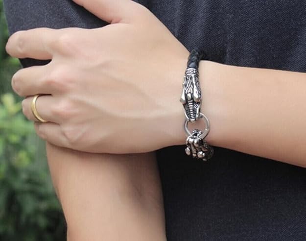 Biker Punk Lion Dragon Leather Stainless Steel Kada Bangle Bracelet