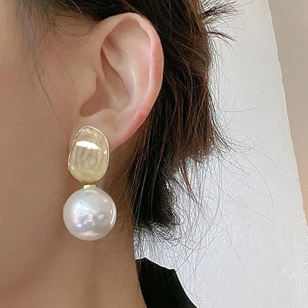 Elegant Pearl Drop Earrings, Gold Plated Fashionable Korean Circle of Life Gold-Tone Accent, White Faux Pearl Studs