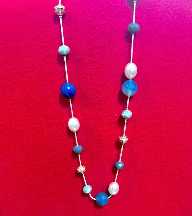 Pearl and Amber Beaded Necklace, Long Length, Blue-Tone Accents, Pink Cord For Women Size 19" Long