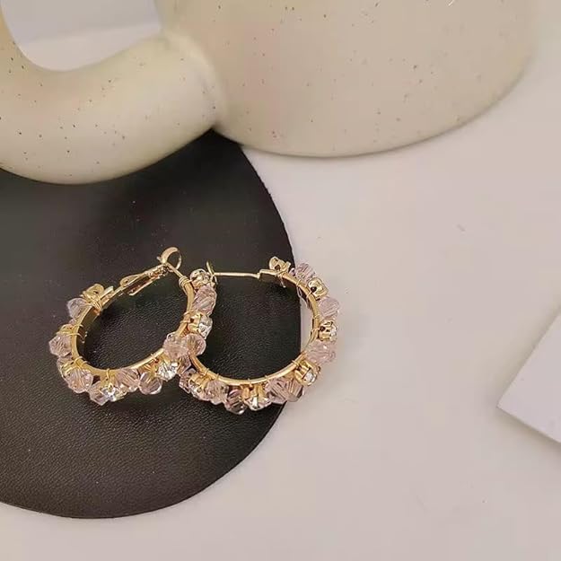 Crystal White Stone Hoop Earrings For Casual Wear | One-Size | Alloy Material | Hinge Closure For Woman & Girls
