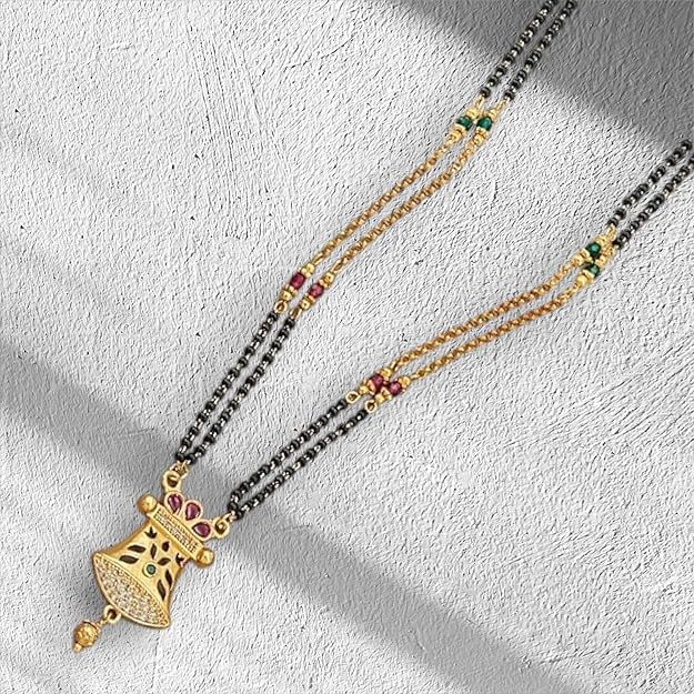 Gold Plated Necklace Short Mangalsutra Black Beads Tanmaniya, Chain