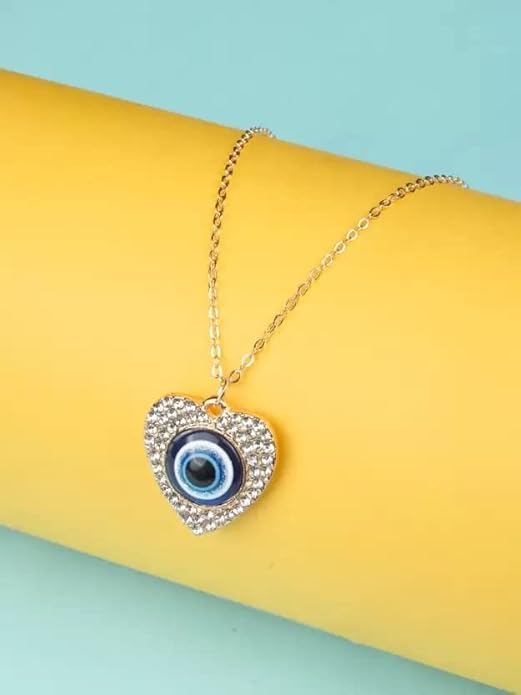 Blue Stones Gold Plated Evil Eye Heart Pendant Chain For Womans & Girls