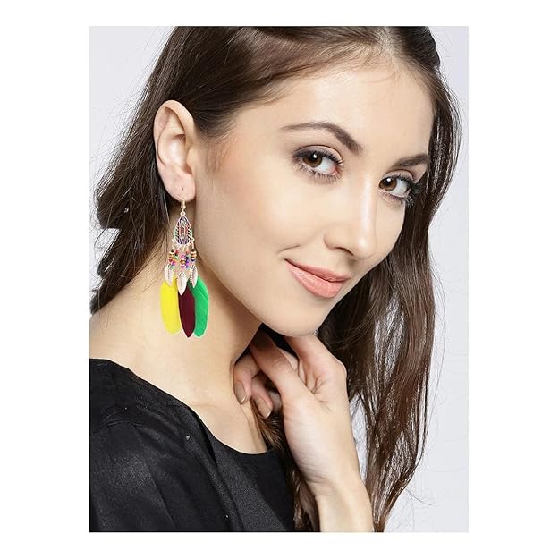 Feather Leaf Enamel Beads Green Yellow Brown Hanging Dangle Earring