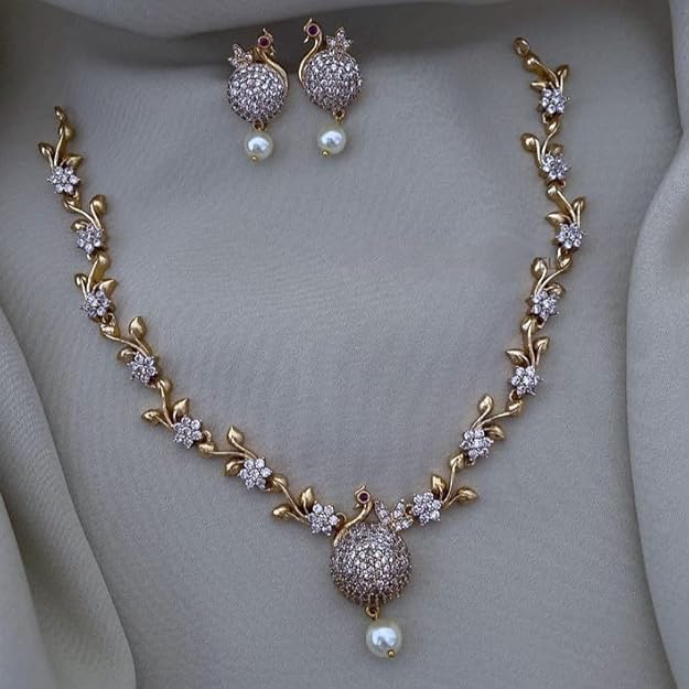 Necklace and Earrings Set, Gold-Toned Floral Design with Pearl Drops, American Diamond Studded