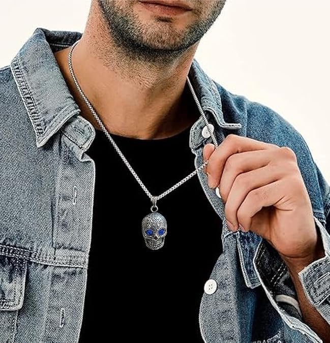 Pendant Necklace With Blue Eye Cubic Zirconia Hip Hop Necklace | Punk Skull Gothic Jewellery Gift, Stainless Steel chain 22"