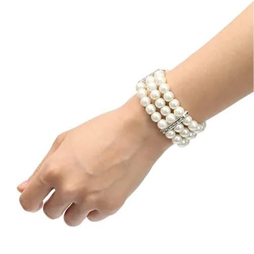 Crystal Bracelet White Pearl Stone Three -Layer Bracelet | Plain Bead With Stone | Round Free Size Elastic Natural Handmade Bracelet For Girls & Womens White
