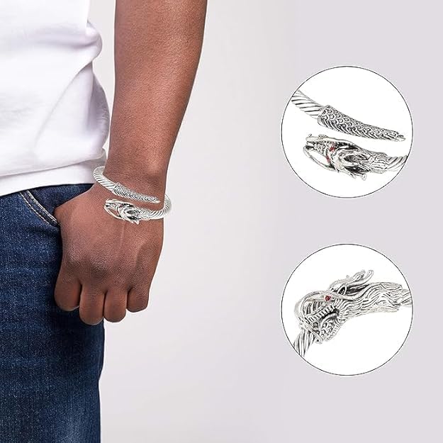 Fancy Open Adjustable Oxidised Stainless Steel Dragon Cuff Bracelets For Men Mens Boy