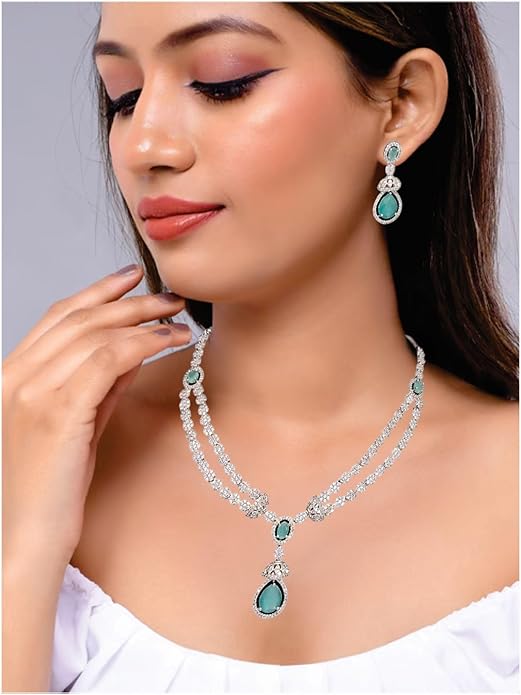 AD Necklace Set  Elegant Jewellry for Women  Crystal Pendant and Earrings Light Green