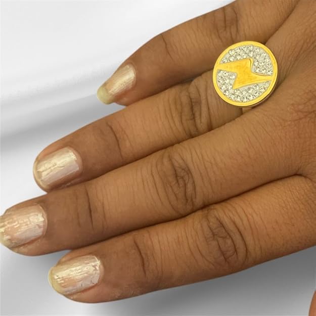 Crystal-Embellished Gold Ring with Yellow Enamel Design, Round Face Jewellery Gifts for Women Girls Men, Size 17-20