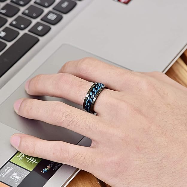 Fidget Ring for Men Anxiety Rings: 8mm Stainless Steel Spinner Ring, Stress Relief Spinning Ring in Blue for Men & Boy Size 5-11
