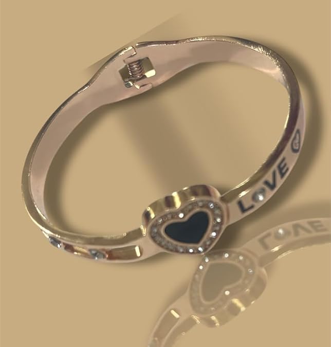 Rose Gold Heart Charm Bracelet, Love Design with Black Enamel, 18cm, stylish