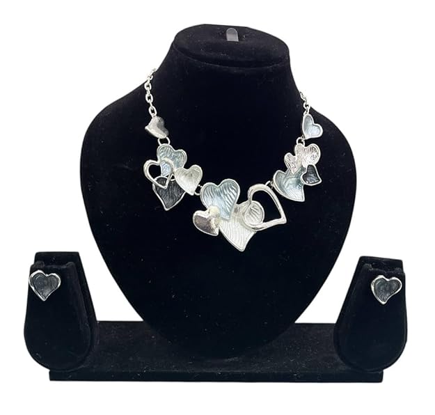 Heart Statement Necklace and Earrings Set, Grey and Black, Multi-Heart Design, Fashion Jewellery For Woman & Girls