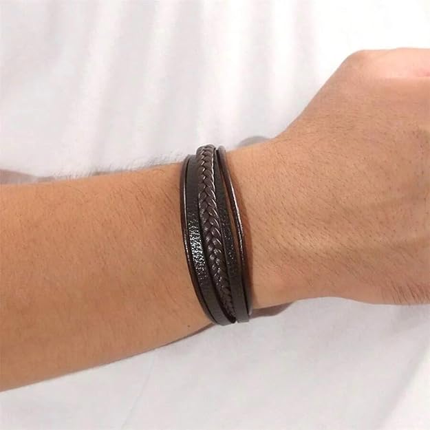 Genuine Brown Leather Braided Wrap Bracelet with Double Magnetic Clasp for Men & Boys