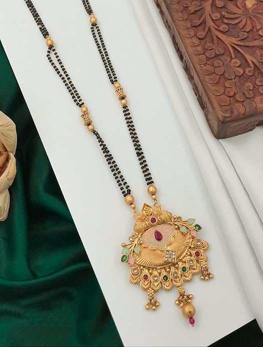 Womens High Gold Matte Finish Mangalsutra for Wedding, 24 Inch Long Black Moti Chain Gold Plated Mangalsutra