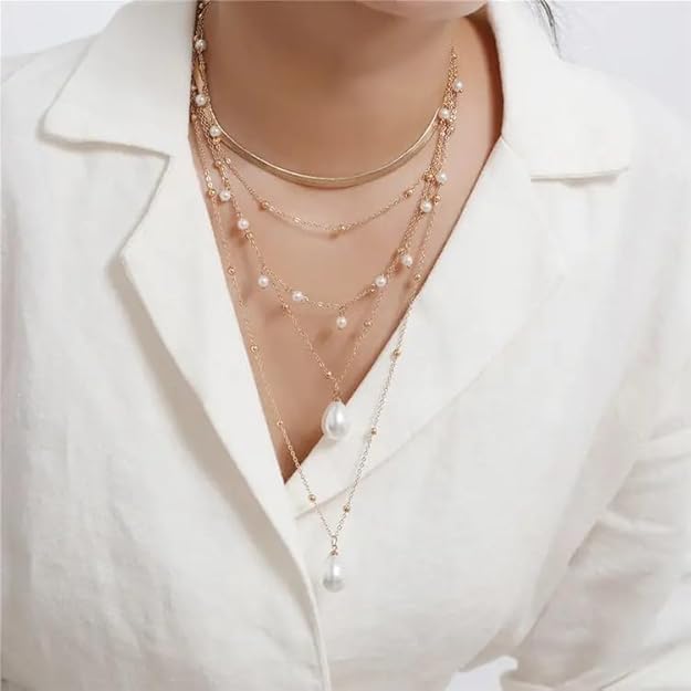 Layered Pearl Drop Choker Necklace Gold Plated Chain, Multi Strand Design Gothic Baroque Pearl Tassel Multilayered Wedding Necklace for Women