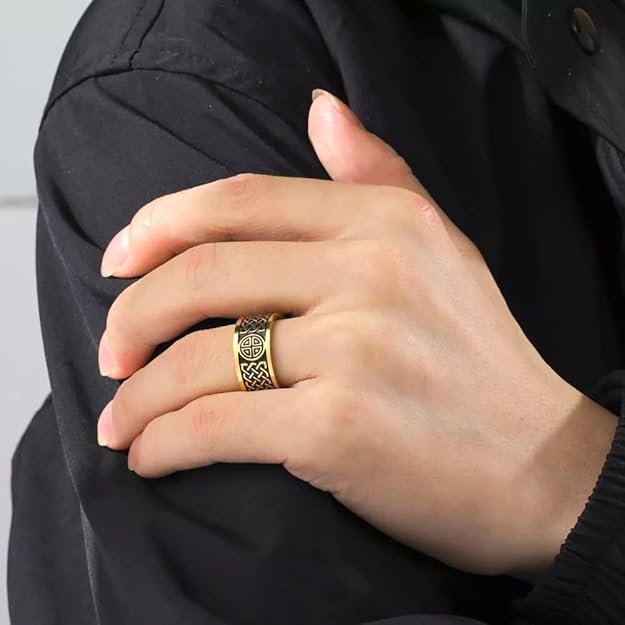 Stainless Steel Celtic Knot Ring Gold Plated Band, Traditional Irish Design Western Band Ring for Men and Boys Size 17-20