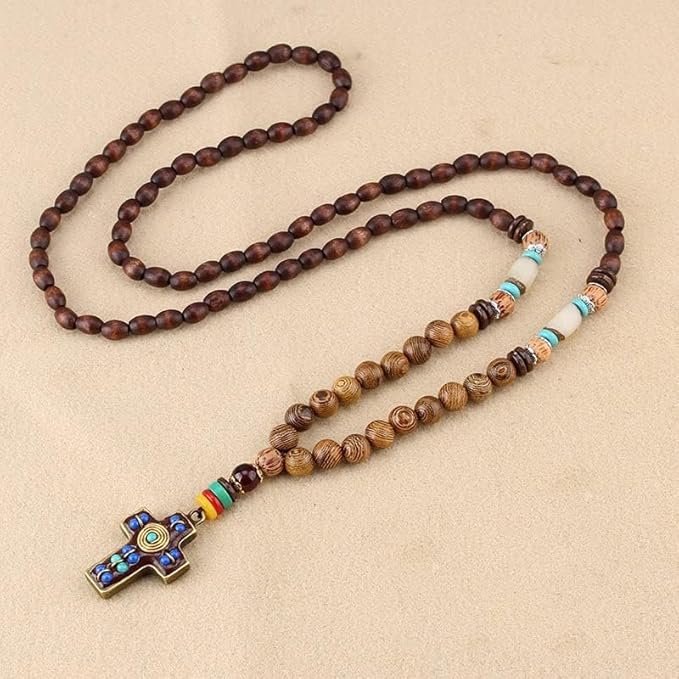 Vintage Nepal Long Buddhist Mala Wood Beaded Pendant & Necklace Ethnic Bohemian Boho Buddha Lucky Jewellery for Men and Women