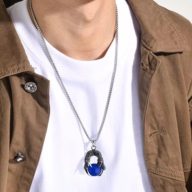 Stainless Steel Chain Dragon Claw Pendant Necklace Blue Silver Black Blur Glass Bead Pendant Retro Style Jewellery Accessories 22" Blue