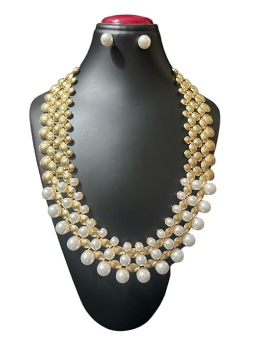 Pearl and Gold Tone Beaded Statement Necklace Set with Stud Earrings, Double Layer Chain Design Necklace Set for Women/Girls