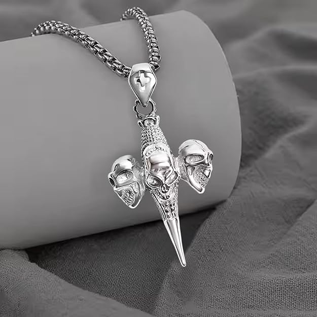 Gothic Triple Skull Pendant with Chain Stainless Steel Box Chain Cross Detail for Men Size 24