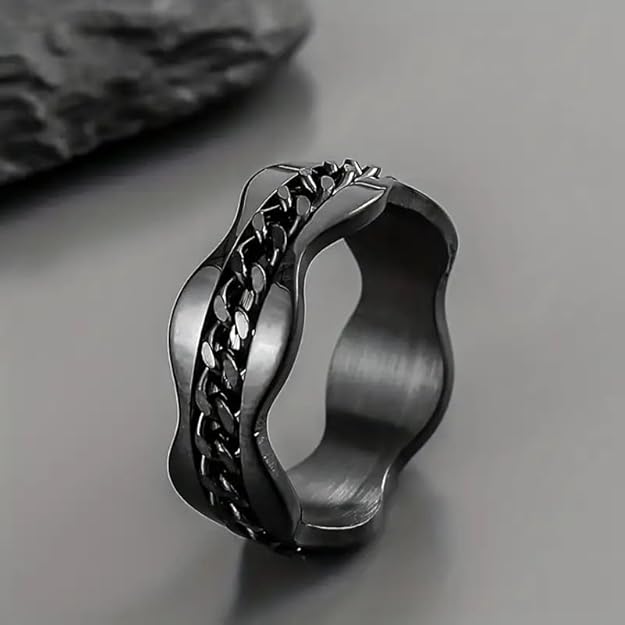 Black Stainless Steel Chain Link Ring, Wavy Design, Unisex Fashion Band Finger Ring for Men Size 17-20