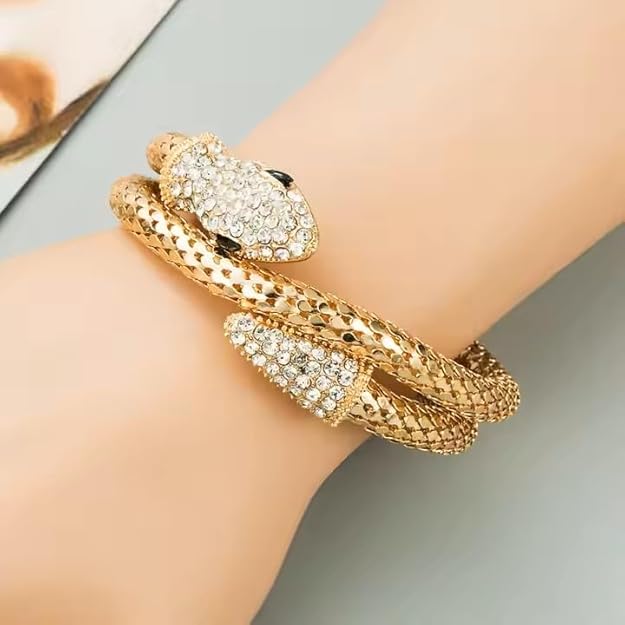 Serpent Gold Zircon Studded Bracelets | Flexible Bendable Bling Party Statement Snake Bracelets & Bangles | Festive Gifts for Women