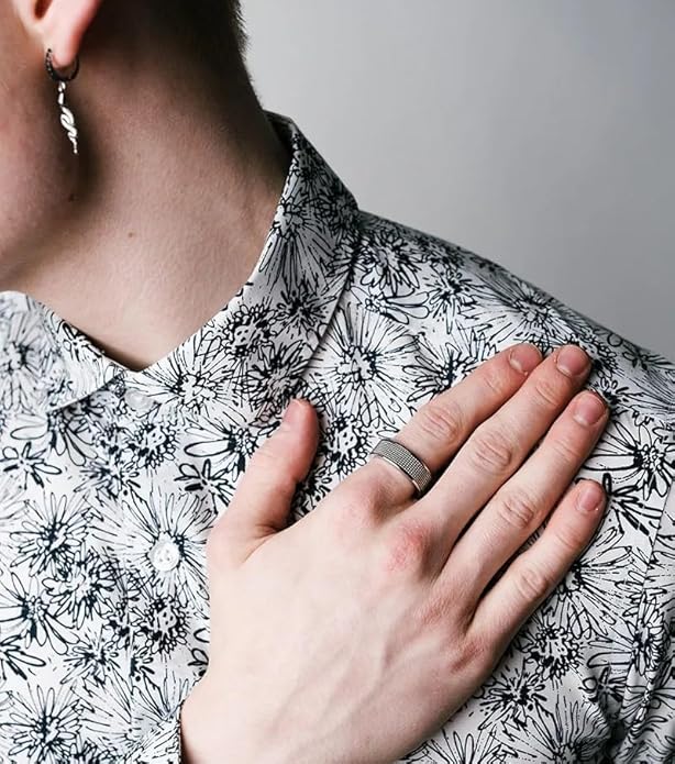 Spinner Ring for Men and Woman, Silver Steel Black Titanium Steel Ring Personalized Woven Mesh, (8mm width) Size 17-20