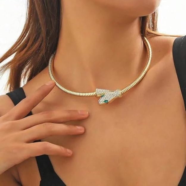 Serpent Gold Zircon Studded Choker and Necklace | Flexible Bendable Bling Party Statement Snake Charm Necklace | Festive Gifts for Women