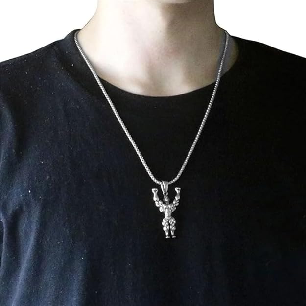 Stainless Steel Bodybuilder Wrestler Pendant Necklace Box Chain for Men and Boys 24"