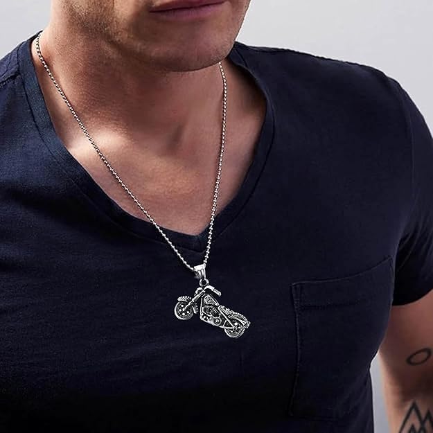 Stainless Steel Oxidized Gray Motorcycle Bike Pendant Chain Men