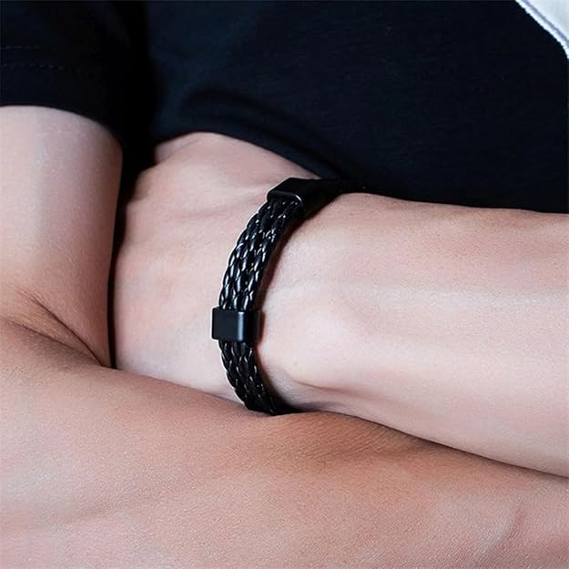 Biker Triple Layer Black Handcrafted Genuine Leather Wrist Band Wrap Bracelet For&nbsp;Men &amp; Boys Black