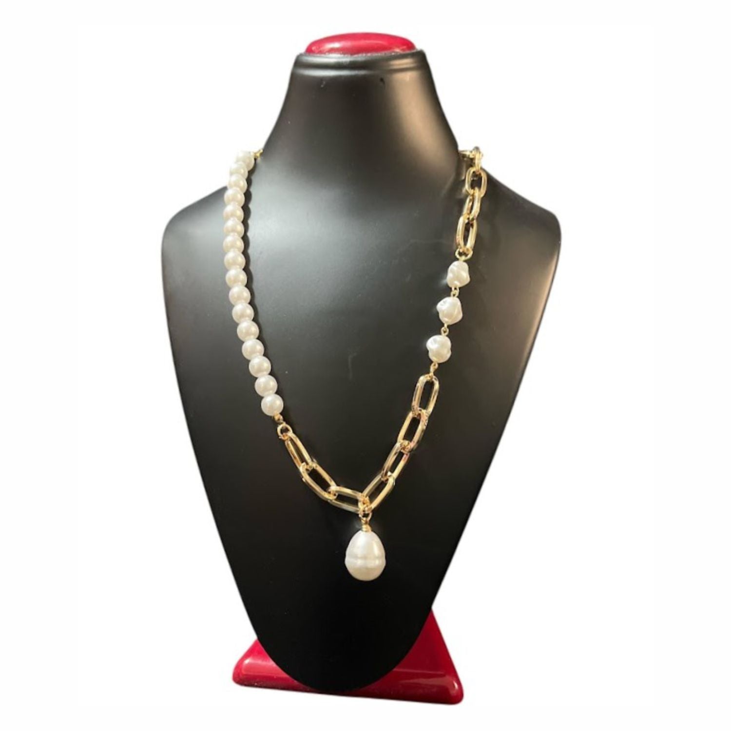 Pearl Chain Link Necklace, Gold-Toned Mixed Design, Pearl Drop Pendant, Fashion Statement Jewellery For Womens