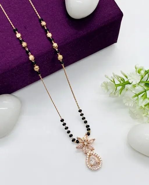Flower Cubic Zirconia Copper Rose Gold Beads Neck Mangalsutra Women