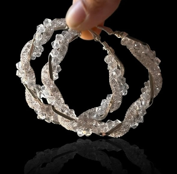 Crystal Beaded Hoop Earrings, Gold-Toned Twisted Mesh Design, Clear Glass Beads for Women