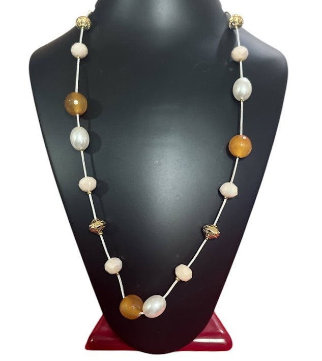 Pearl and Amber Beaded Necklace, Long Length, Blue-Tone Accents, Pink Cord For Women Size 19" Long