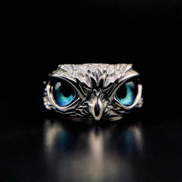 Evil Blue Eye Owl Face Ring Silver Alloy Adjustable Ring For Men Boys Women Girls