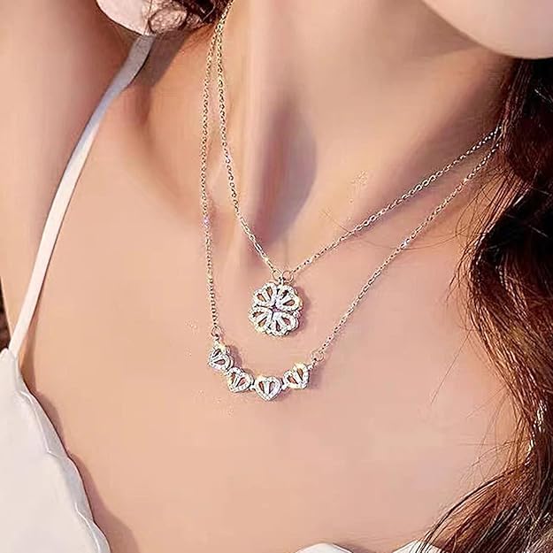 Rosegold-plated Two In One Magnetic Hearts Clover Pendant Necklace Gold-plated Stainless Steel Pendant