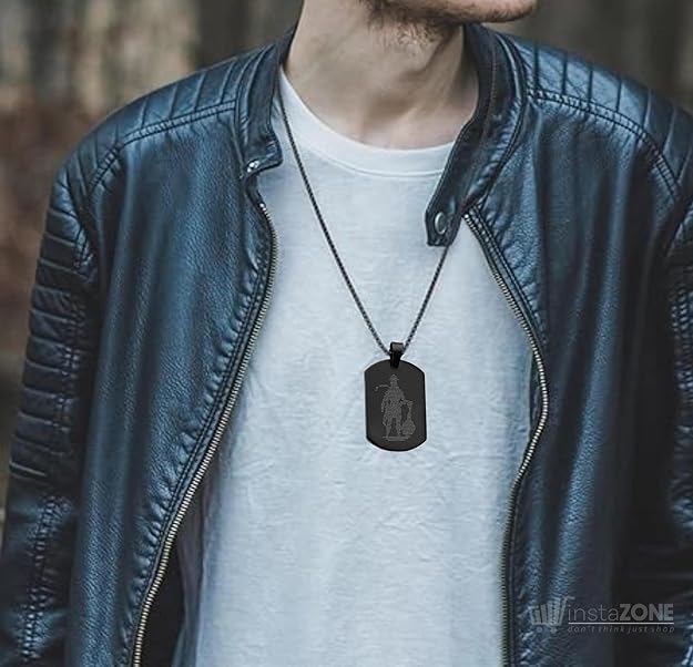 Dog Tag Stainless Steel Necklace Hanuman Chalisa and Gada Micro-carved Locket & Pendant Men & Guys in Black 22"”