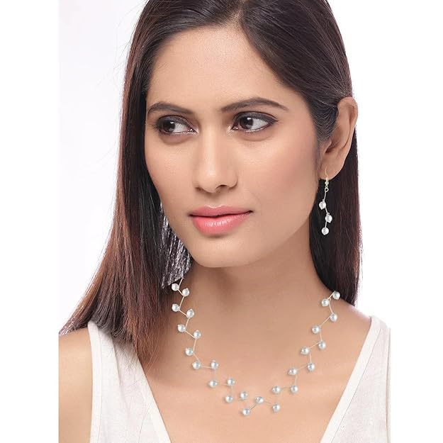 Pearl Link Chain Pearl Brass Choker Necklace Earring Set Girls Women