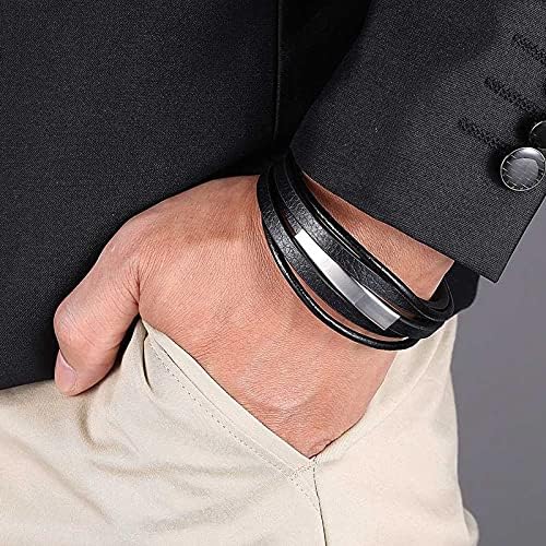 Classic Multi-Layer Black Leather Bracelet with Stainless Steel Accessories with Magnet Buckle for Men and Boys