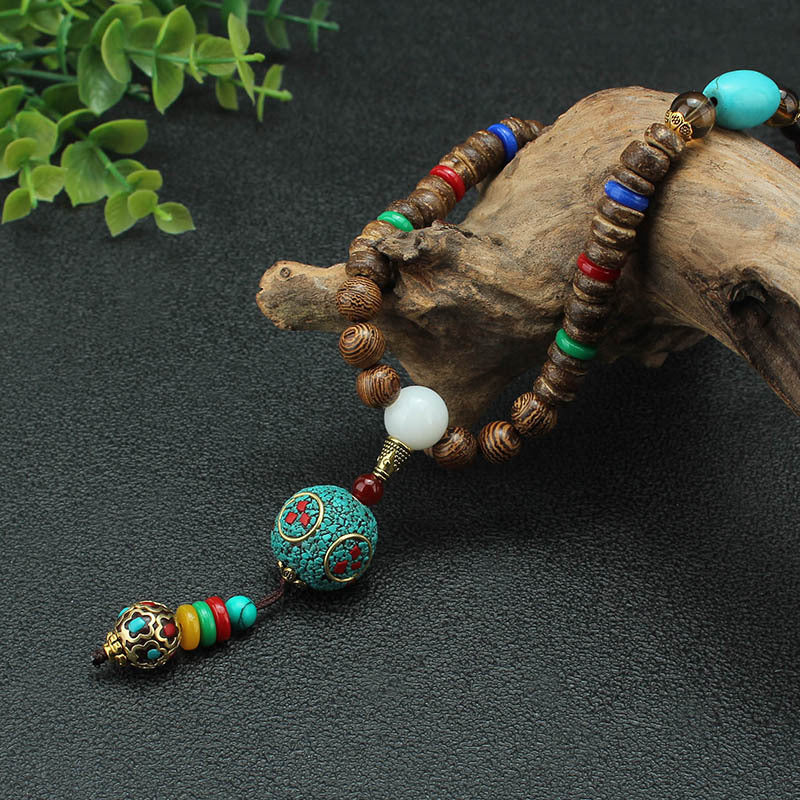Stylish Wood Bead Long Necklace with Blue Pendant with Turquoise Stone, Decorative Pendant, Multicolour for Men & Boys or WOmen (36 Inch)