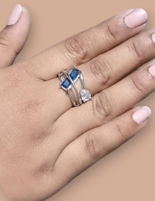 Adjustable Silver Ring with Blue Crystal and Clear Stone, Modern Design Blue and White for Women