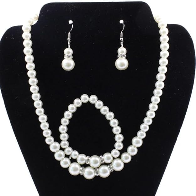 White Pearls with Crystal Choker Necklace, Earrings and Bracelet Jewelry Set for Women & Girls