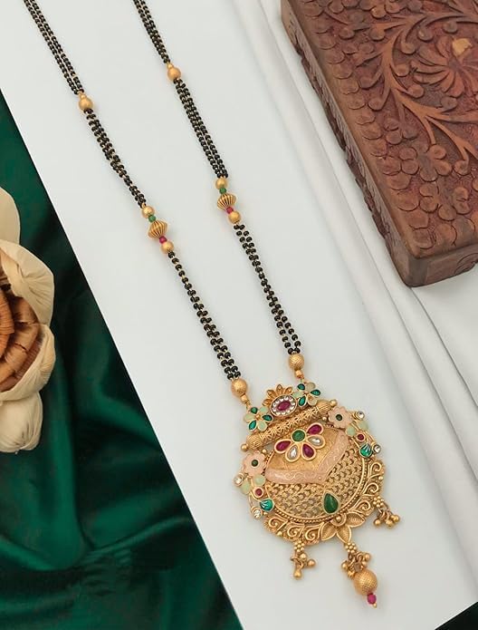 Antique Design Pendant Mangalsutra, 24 Inch Long Black Moti Chain Gold Plated for Women