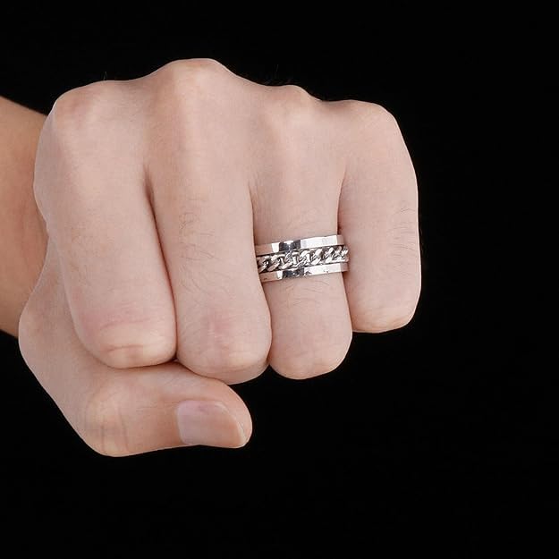 Fidget Ring for Men Anxiety Rings: 8mm Stainless Steel Spinner Ring, Stress Relief Spinning Ring in Silver for Men & Boy Size 5-11