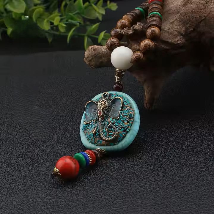 Ethnic Blue Beads Necklace Long-Style Ganeshji Pendant Handcrafted Wooden Bead Necklace For Women Men